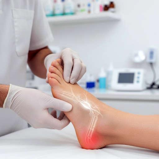 Podólogo examinando pie, con representación de inflamación en la fascia plantar y talón, indicando fascitis plantar crónica. Clínica podológica en Barcelona.