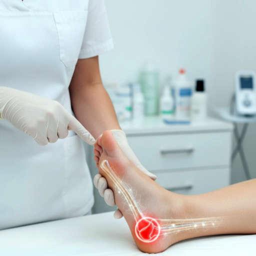 Podólogo examinando pie, con representación de inflamación en la fascia plantar y talón, indicando fascitis plantar crónica. Clínica podológica en Barcelona.